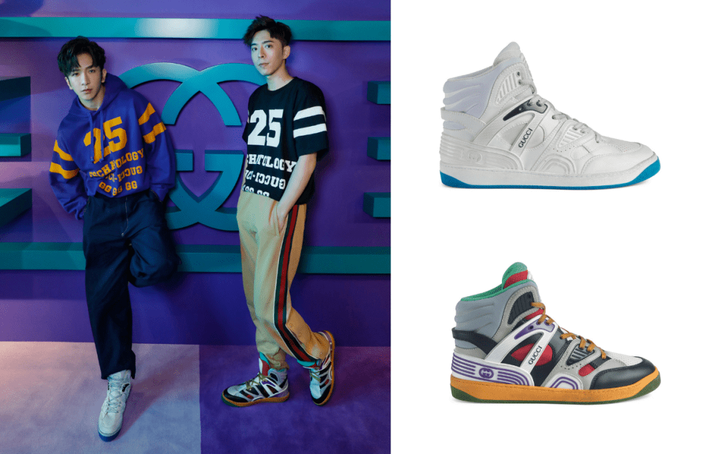 人气高企的Anson Lo（左）及Edan Lui（右），一身时尚的运动装束，配搭全新的Gucci Basket运动鞋/各/$9,300/G。此鞋款是以环保物料Demetra制成，表面触感柔软。