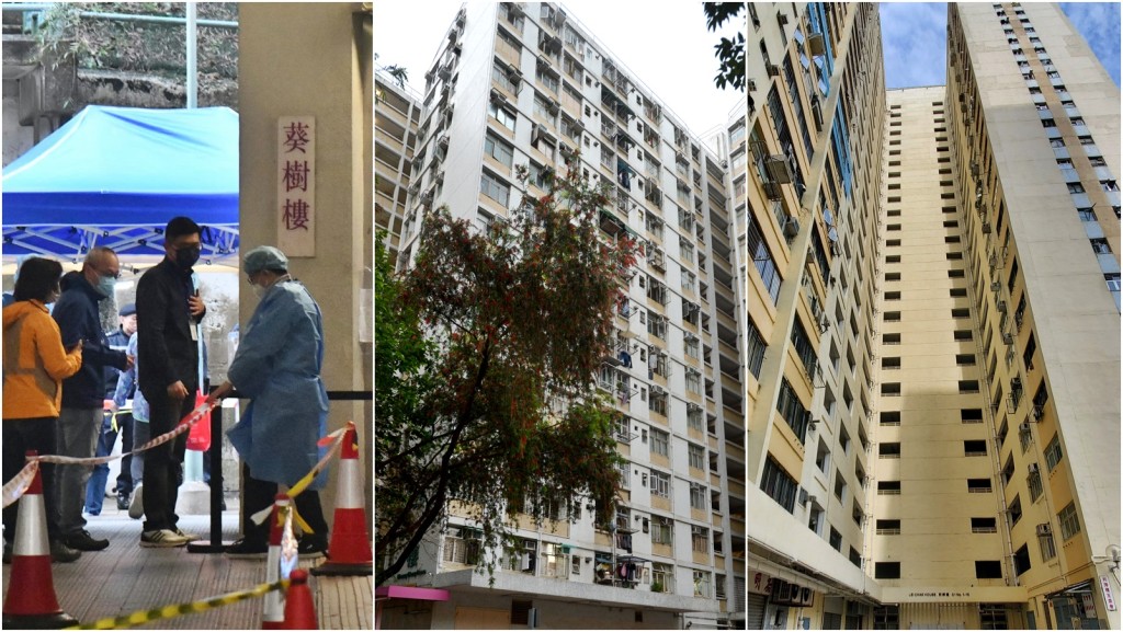 政府圍封荃灣梨木樹（二）邨葵樹樓、深水埗南昌邨昌頌樓及香港仔鴨脷洲邨利澤樓進行強制檢測行動。