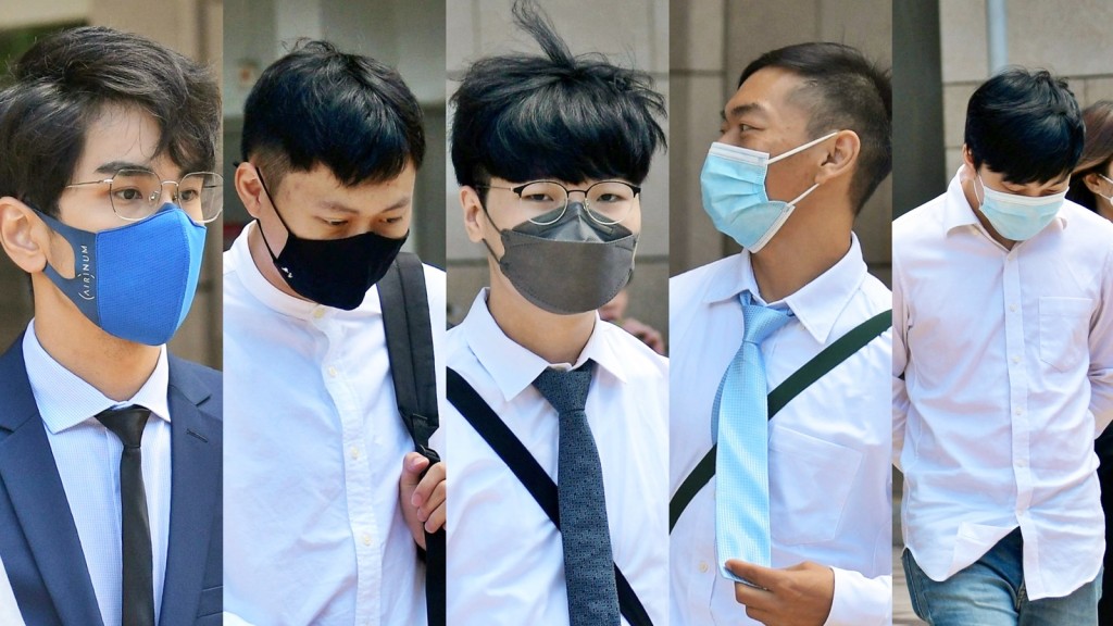 由左至右被告:馮天程、張浩然、何仲玹、何焯銘及張元山。資料圖片