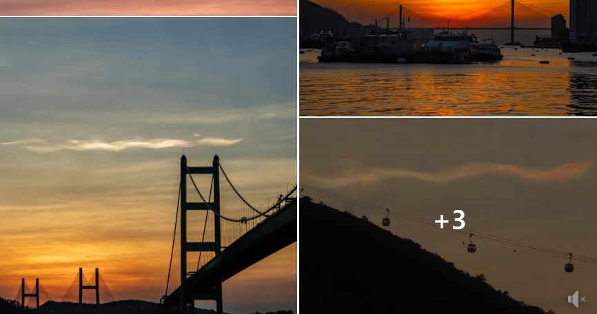 fb「香港天文台 HKO」截圖（攝：Joe Yau、Joseph Leung、Lky Chan、Jayden Leung、Alex Sing、Doris Cheng、Sandra Yu / 2025年11月9日 / 錦田、青馬大橋、馬鞍山、荃灣、東涌、屯門、大澳 / #CWOS）#度天賞雲 #社區天氣觀測計劃 #光學現象 #Fluctus #IridescentCloud」。