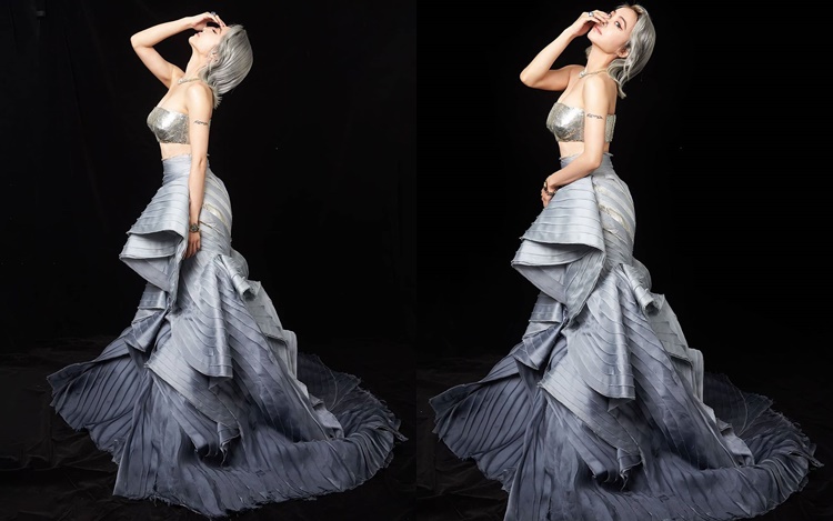 Jolin性感銀色Bra-top長禮服配型格銀灰色短髮。