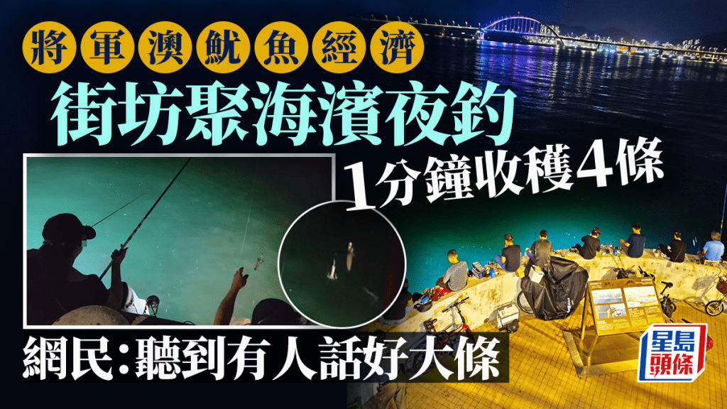 將軍澳魷魚經濟 街坊聚海濱夜釣 1分鐘收穫4條 網民:聽到有人話好大條 將軍澳魷魚經濟 街坊聚海濱夜釣 1分鐘收穫4條 網民:聽到有人話好大條