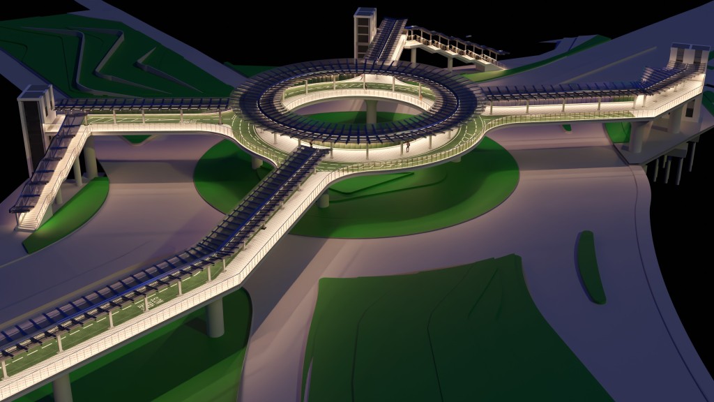 龍躍頭交匯處的單車徑暨行人天橋採用S960國產超高強鋼建造，強度是一般鋼材的約三倍，是全球首座使用該級別鋼材的行人天橋，發揮新質生產力的示範作用，為推廣S960超高強鋼於本地及其他地區的基建工程應用提供參考。政府新聞處