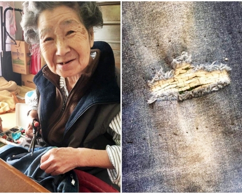 日本嫲嫲(左)幫孫女縫好破洞牛仔褲,孫女發現嫲嫲超懂時尚。網圖