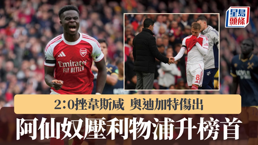 英超｜阿仙奴2：0韋斯咸升榜首 奧迪加特傷出。美聯社