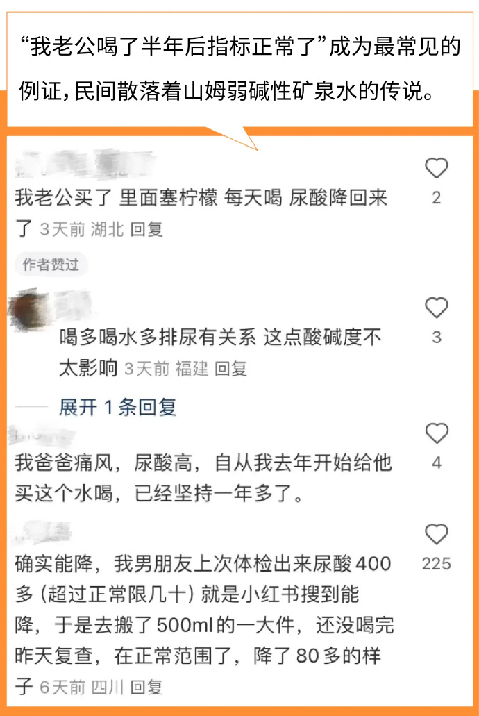 有网民指这款水有降尿酸的功效。（微博）