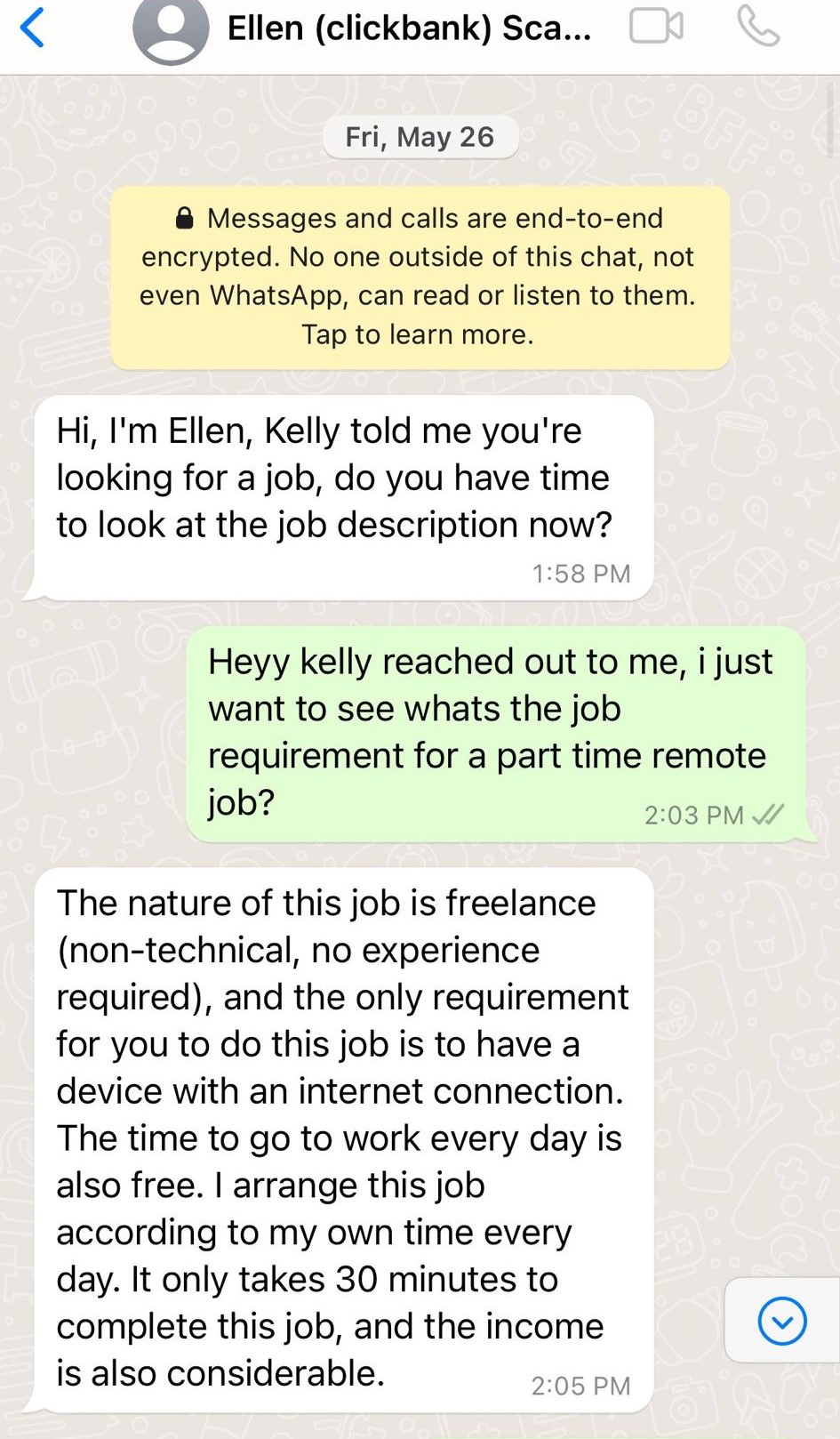 庞卓欣在今年5月从WhatsApp收到一则讯息，对方称有工作机会介绍给她。（受访者提供图片）