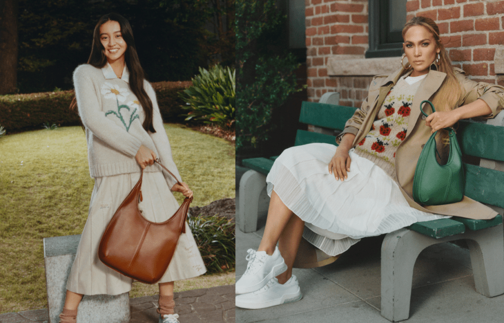 木村光希(左)及Jennifer Lopez(右)以不同颜色的Coach The Ergo Bag配衬裙装造型,展现截然不同的女性美。