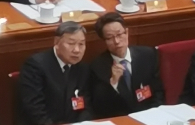 张晓明与旁边的委员、水利部原副部长陆桂华有互动。　杨浚源摄