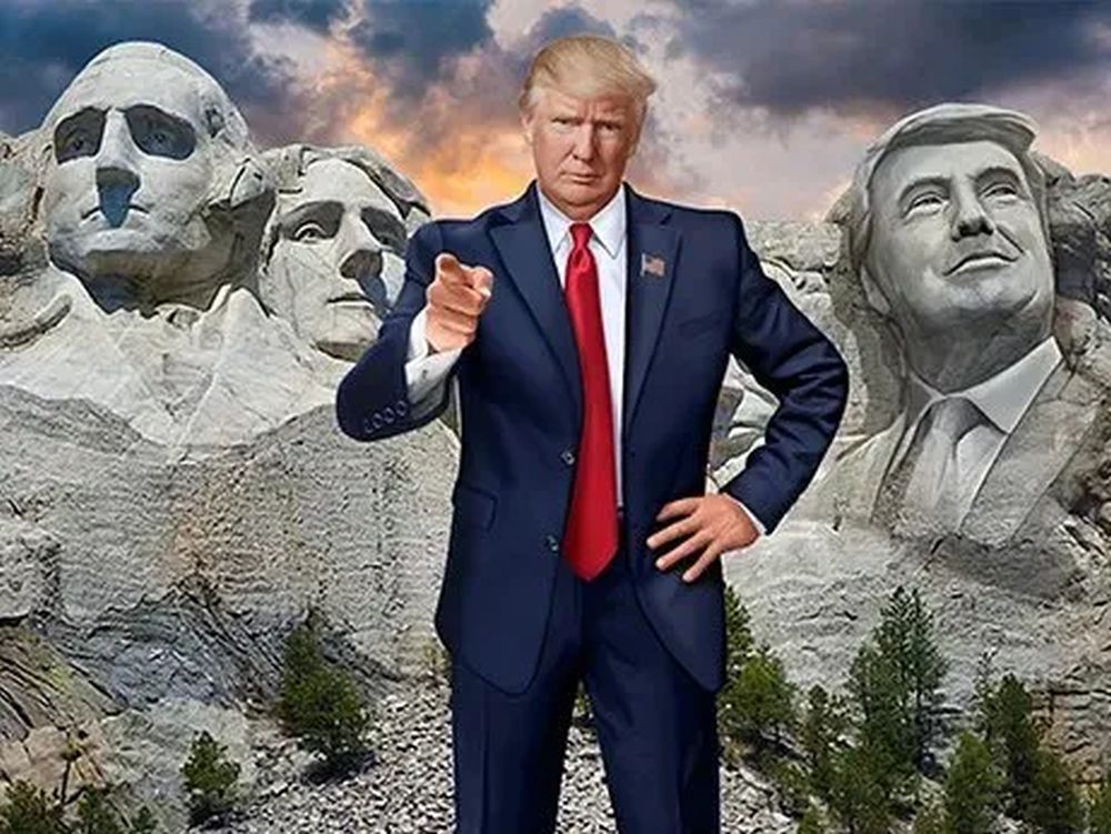 以刻有4位美國歷史著名總統頭像的拉什莫爾山為背景的特朗普卡牌。