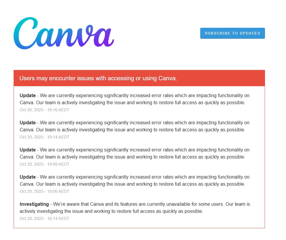 美术应用程式Canva等多个线上平台出现故障。