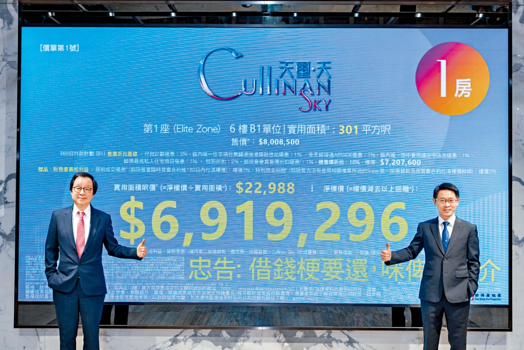 新地雷霆（左）表示，天璽．天2期首批以「核心收藏價」推售。旁為胡致遠。