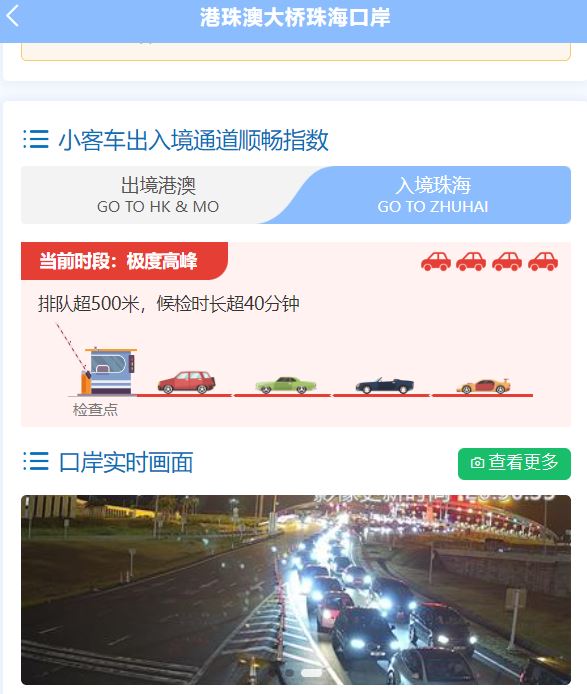 截至晚上8時半，入珠海車龍排隊超過500米，候檢時間超過40分鐘。港珠澳大橋微信公眾號