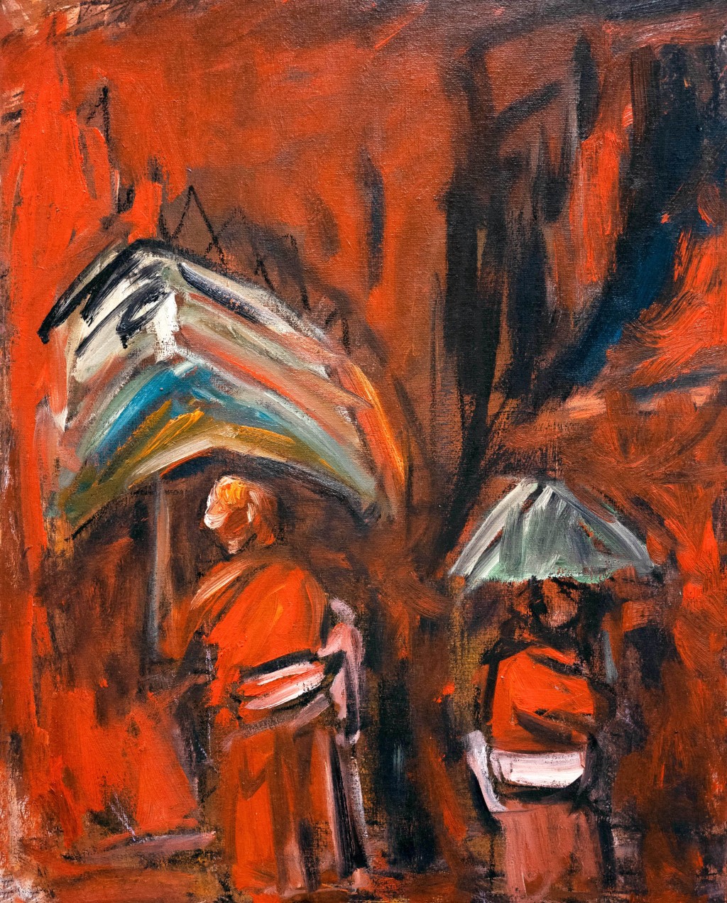 作品《When in Kyoto》,以日本古都為背景,描繪一場紅色暴雨下的家人。