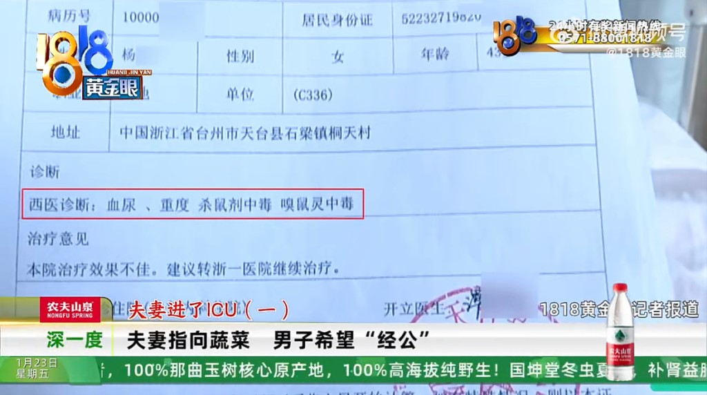 浙江有夫婦吃了網購的娃娃菜後，老鼠藥中毒。1818黃金眼