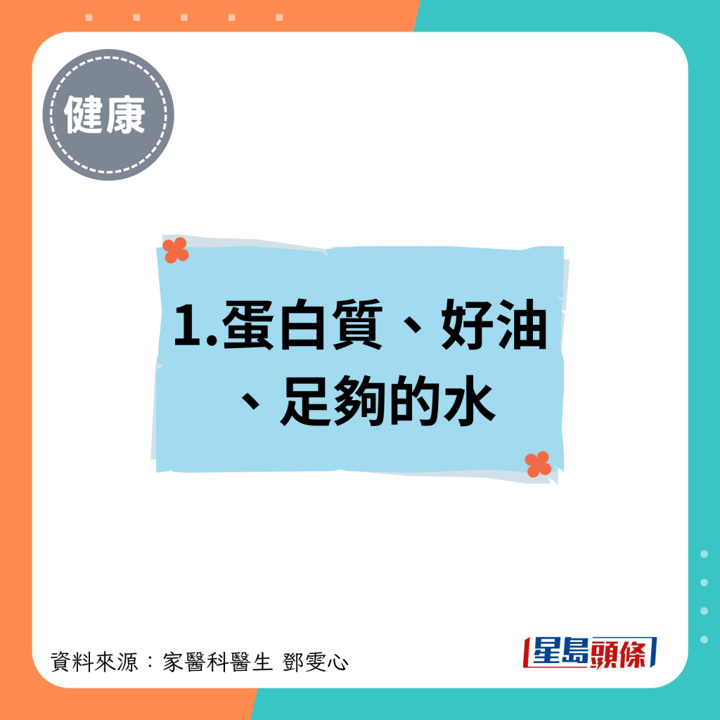 1.蛋白质、好油 、足够的水