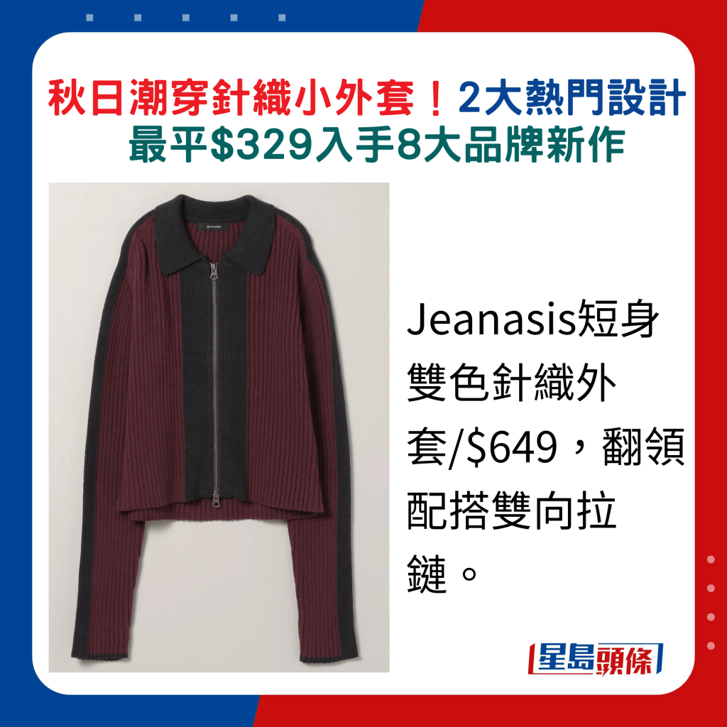 Jeanasis短身双色针织外套/$649，翻领配搭双向拉链。