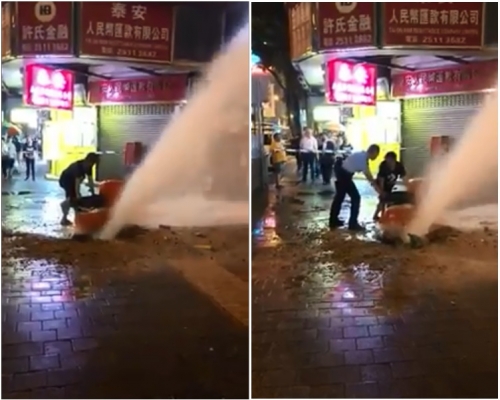 警員與市民合力以垃圾桶壓著爆水管的出口。網上截圖
