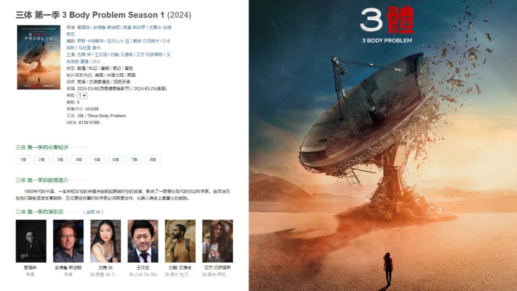 豆瓣網上的Netflix《三體》只剩下劇情簡介、演職員表、劇照等幾個欄目。
