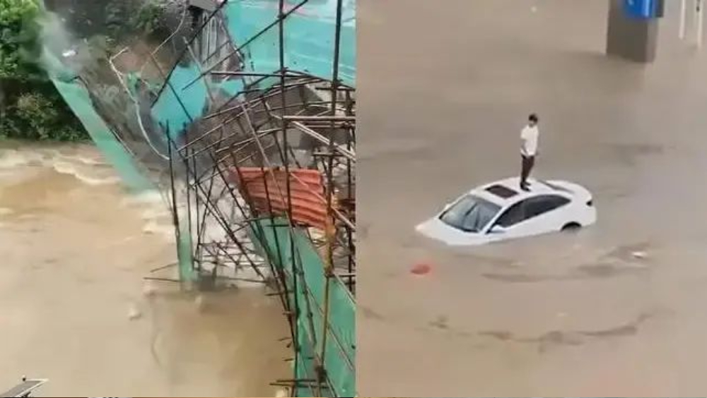 廣東韶關掛暴雨黃色預警信號，暴雨下一大橋鐵架被沖塌。