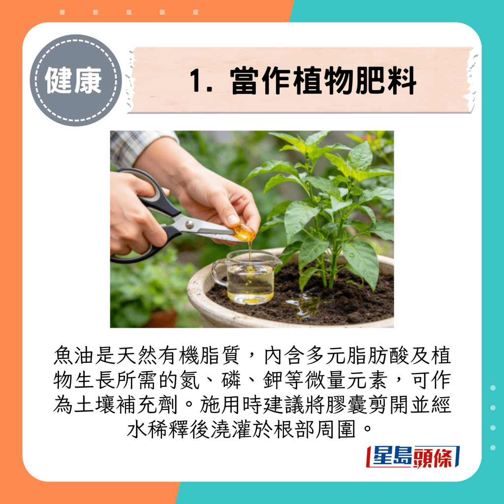 魚油是天然有機脂質，內含多元脂肪酸及植物生長所需的氮、磷、鉀等微量元素，可作為土壤補充劑。
