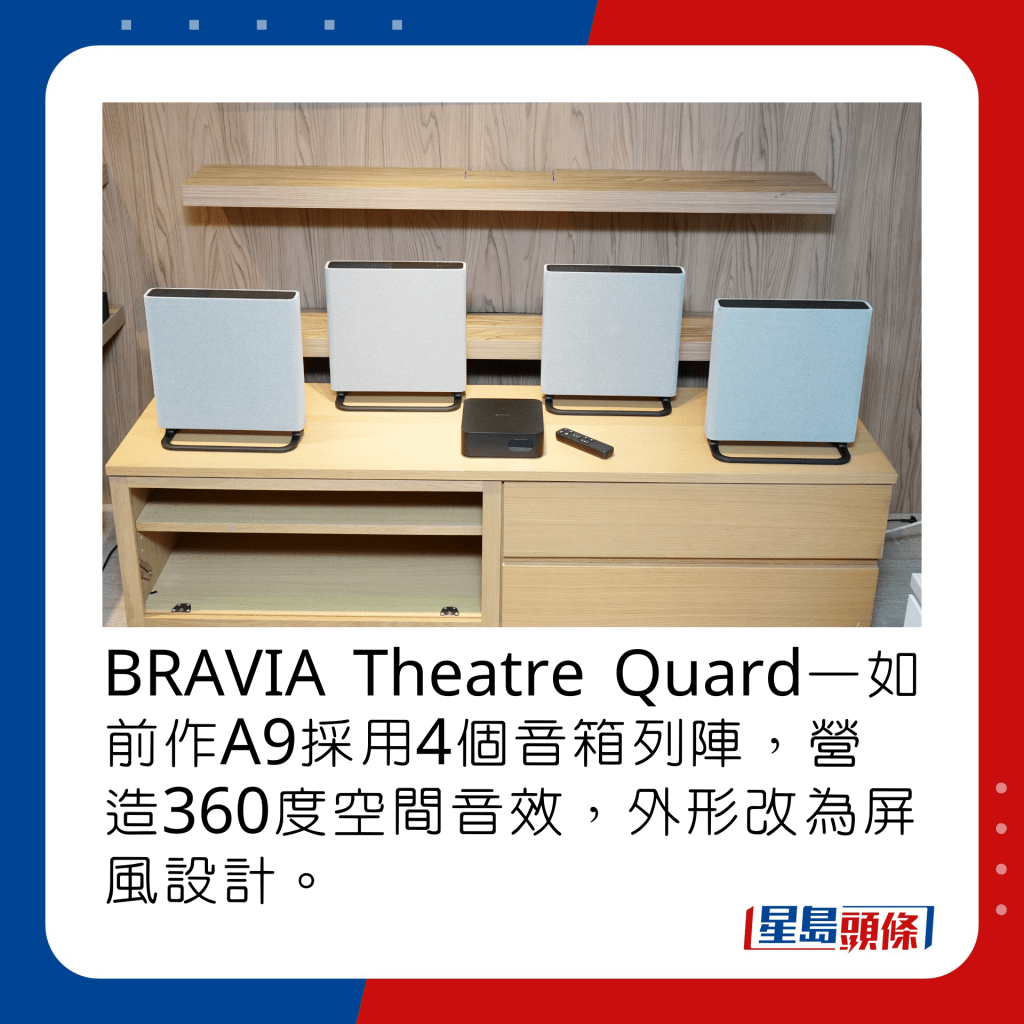 BRAVIA Theatre Quard一如前作A9採用4個音箱列陣，營造360度空間音效，外形改為屏風設計。