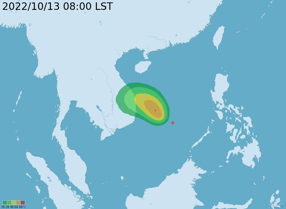 台灣的中央氣象局今（13）日表示，熱帶性低氣壓「TD22」，未來將往中南半島前進，對台灣沒有影響。台灣中央氣象局圖片