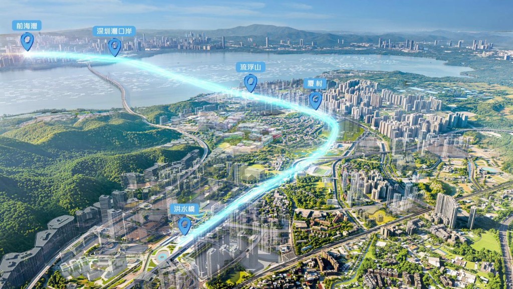 擬議港深西部鐵路(洪水橋至前海)走線圖。 擬議港深西部鐵路(洪水橋至前海)走線圖。