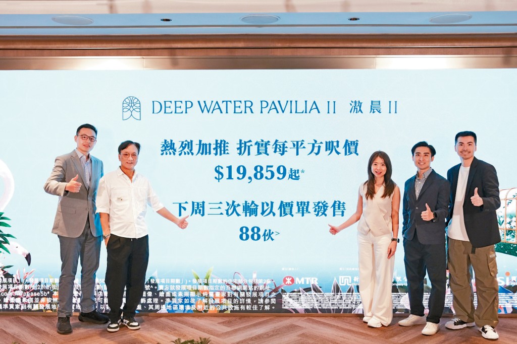 滶晨II昨日加推62伙,折實平均呎價約22302元。新世界何家欣(右三)。