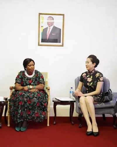 任驻津巴布韦大使夫人时，王薇与当地第一夫人会面。外交部