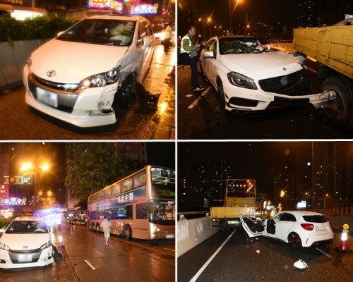 私家車撞到九巴。(左)平治房車失控撼箭咀車車尾。(右)
