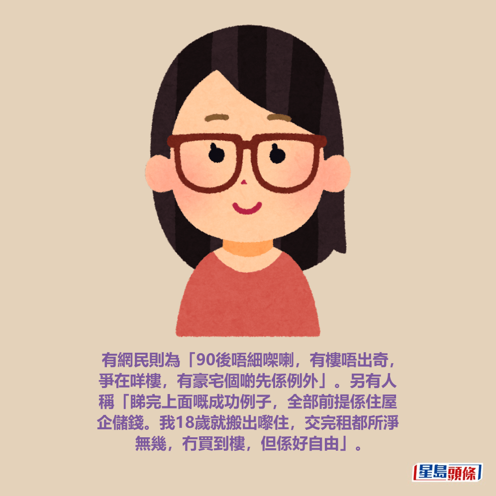 有網民則為「90後唔細㗎喇,有樓唔出奇, 爭在咩樓,有豪宅個啲先係例外」。另有人 稱「睇完上面嘅成功例子,全部前提係住屋 企儲錢。我18歲就搬出嚟住,交完租都所淨 無幾,冇買到樓,但係好自由」。 有網民則為「90後唔細㗎喇,有樓唔出奇, 爭在咩樓,有豪宅個啲先係例外」。另有人 稱「睇完上面嘅成功例子,全部前提係住屋 企儲錢。我18歲就搬出嚟住,交完租都所淨 無幾,冇買到樓,但係好自由」。