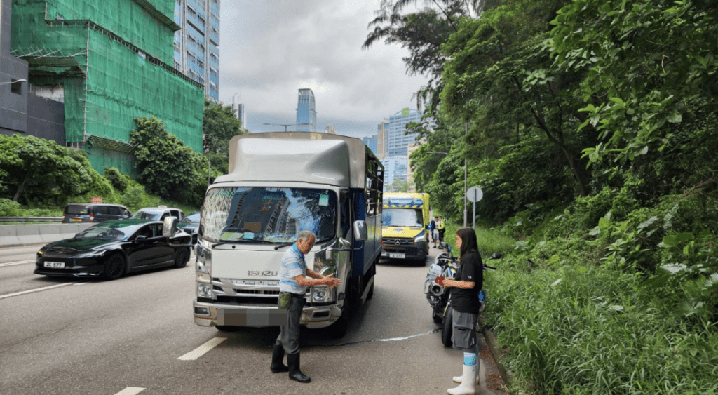 一輛運載鮮魚的中型貨車沿荃灣路中線往九龍方向行駛期間，「追尾」撞到一輛正在前面行駛的的士。黎志偉攝