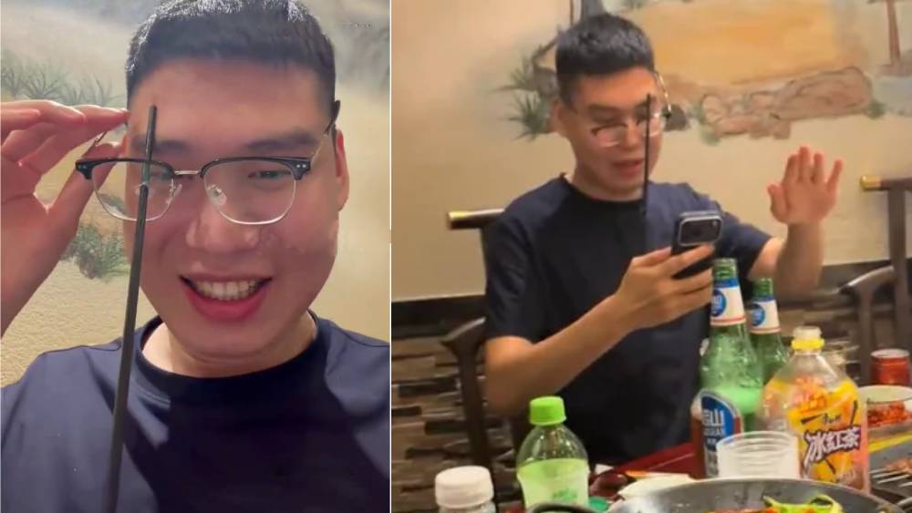 女食客隨手掟筷子，反彈直插對座男眼鏡，鏡片戳穿奇蹟毫髮無損。