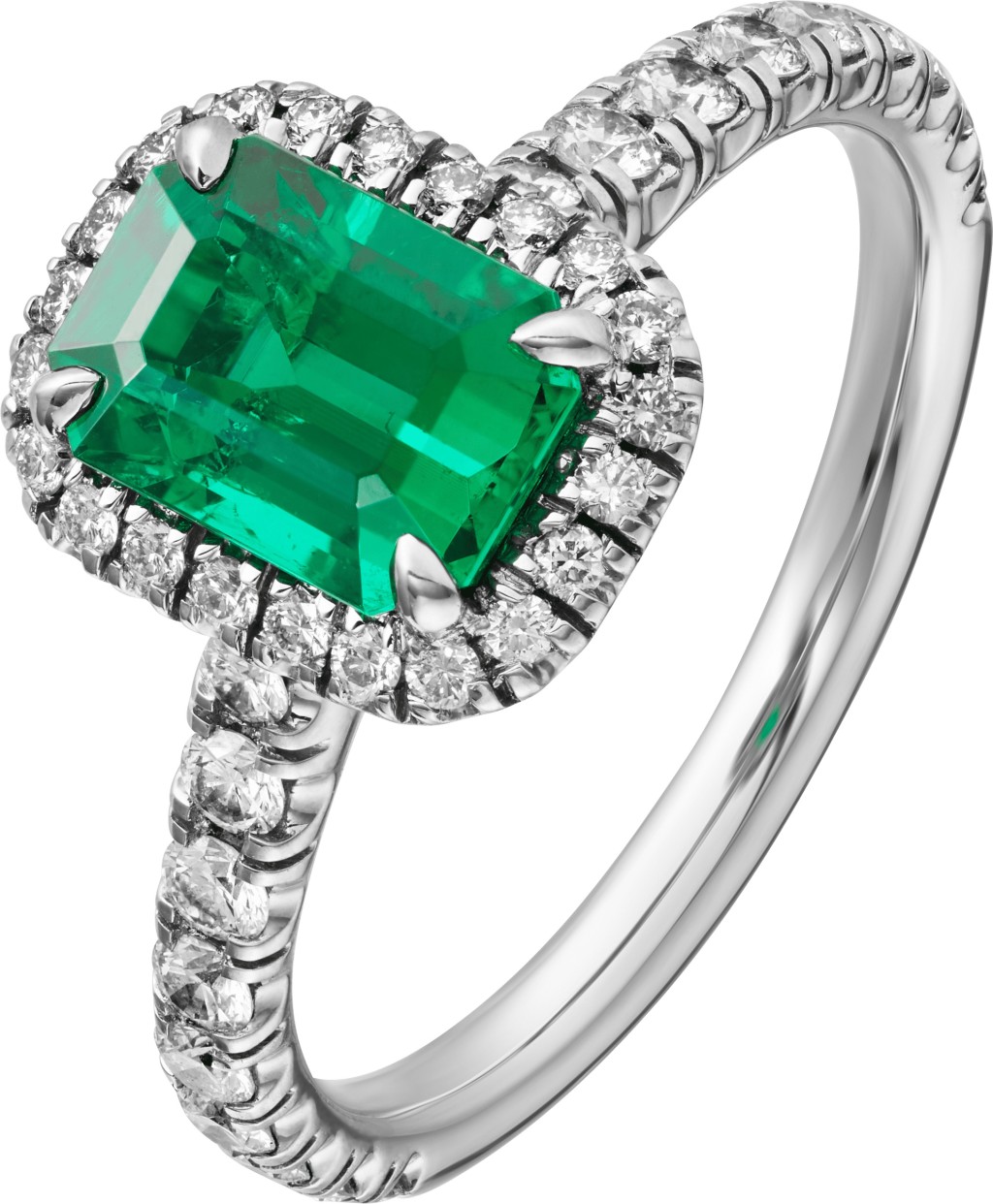 铂金指环，镶嵌一颗祖母绿式切割祖母绿，主石可选择1卡至1.99卡，配以铺镶明亮式切割圆钻。