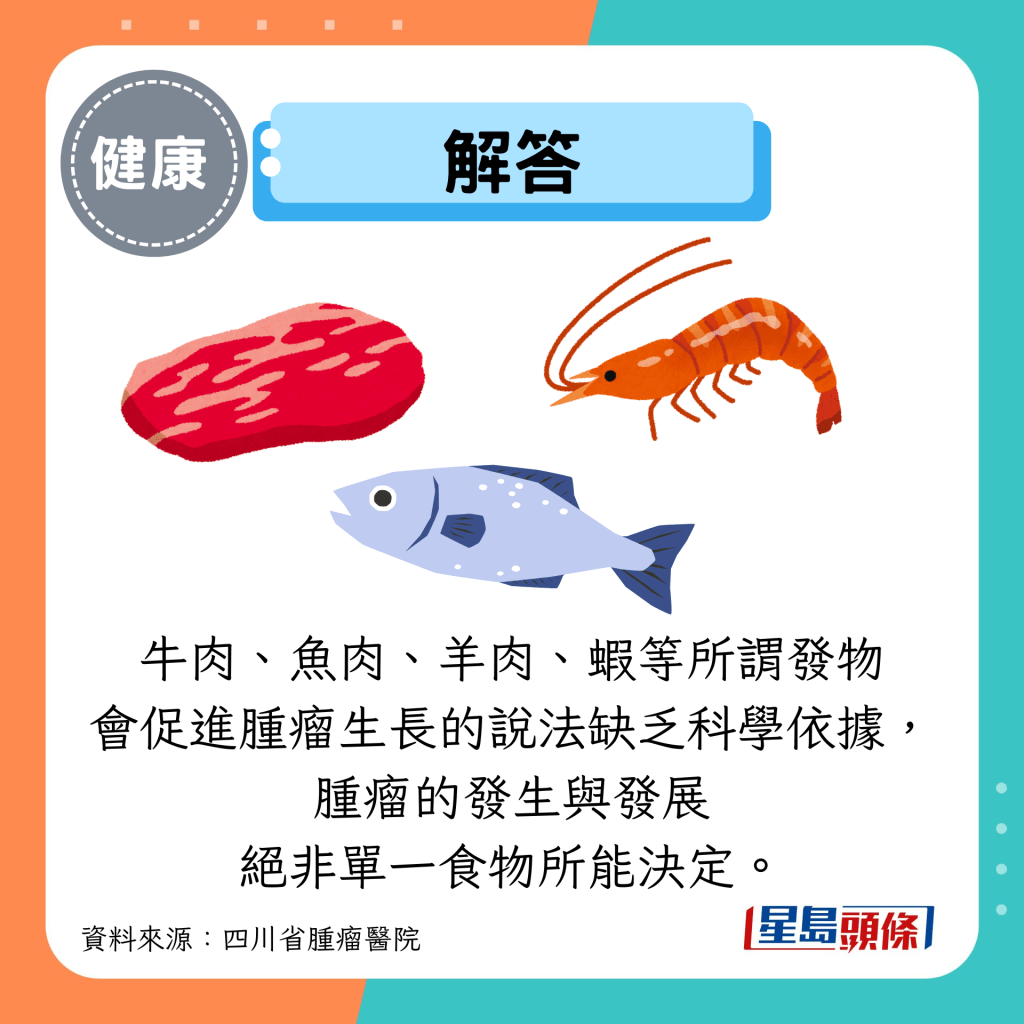 解答：牛肉、鱼肉、羊肉、虾等所谓发物 会促进肿瘤生长的说法缺乏科学依据， 肿瘤的发生与发展 绝非单一食物所能决定。