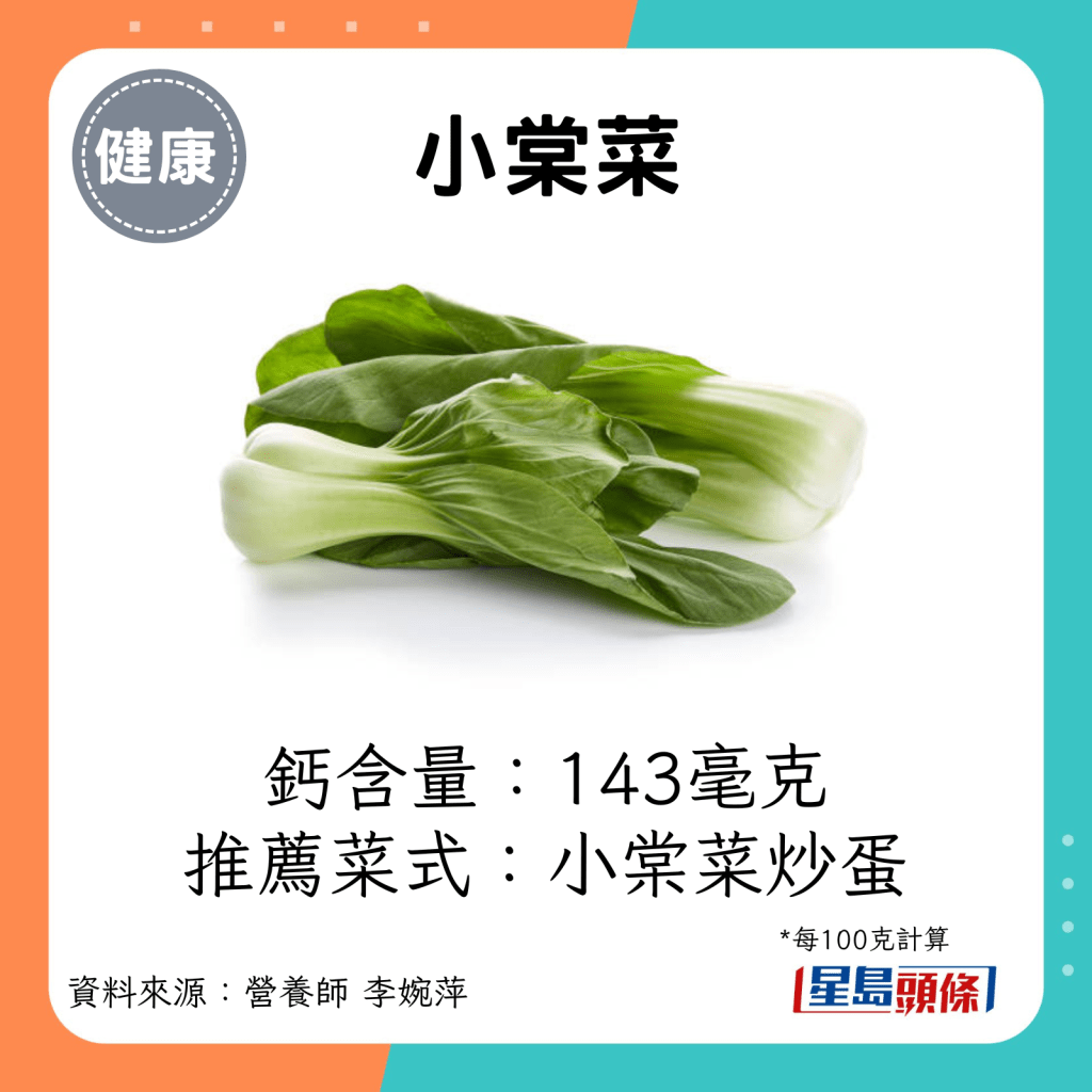 小棠菜钙含量：143毫克 推荐菜式：小棠菜炒蛋