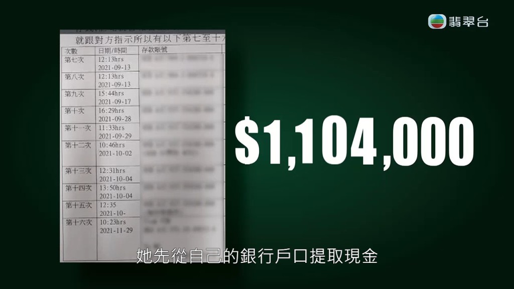 後來Joanne終於報警，不過因她聽從騙徒指示，先從銀行提取現金，多次存入指定戶口，因無留下實質收據而難以舉證。