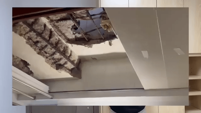 事發影片公開，見到現場被打穿一個大洞，生鏽鋼筋外露。(HUMA LO＠Youtube影片截圖)