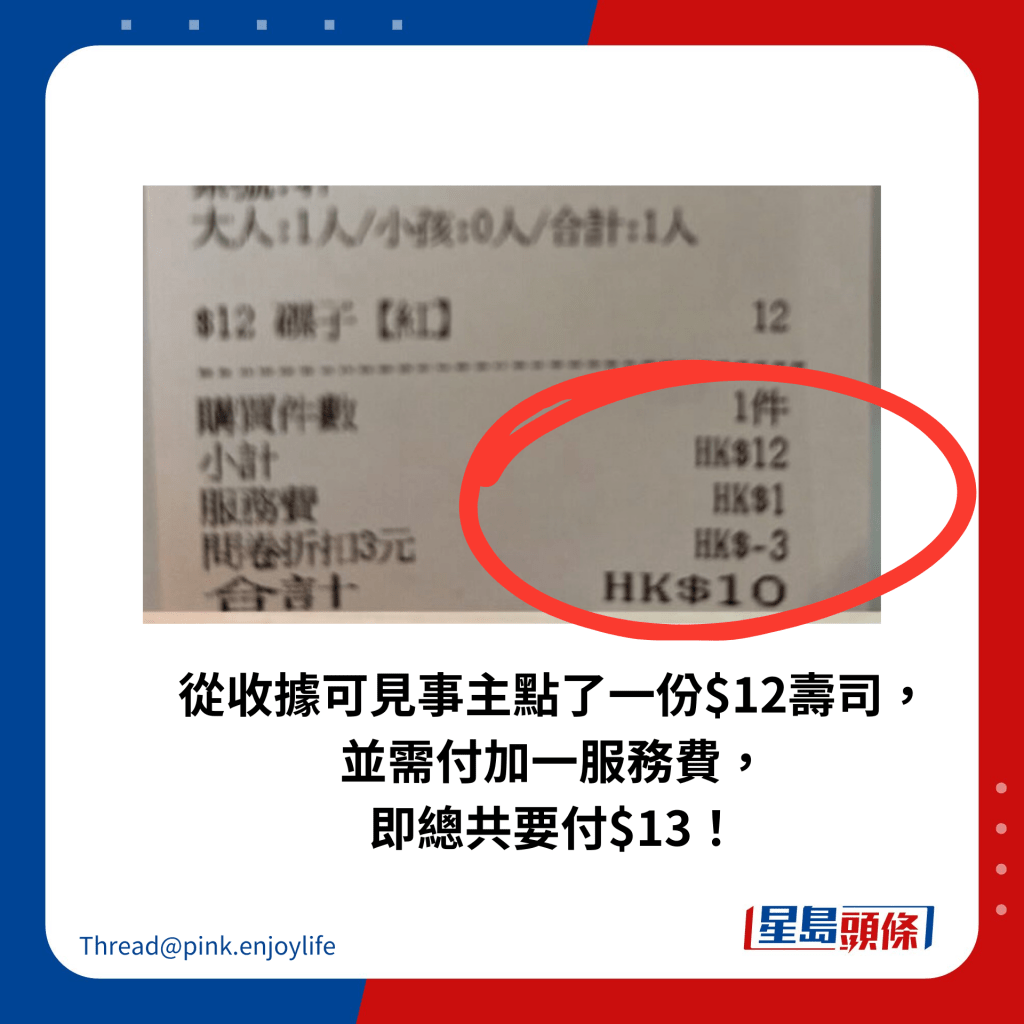 從收據可見事主點了一份$12壽司， 並需付加一服務費， 即總共要付$13！