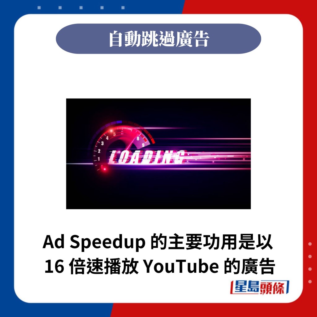 Ad Speedup 的主要功用是以  16 倍速播放 YouTube 的廣告