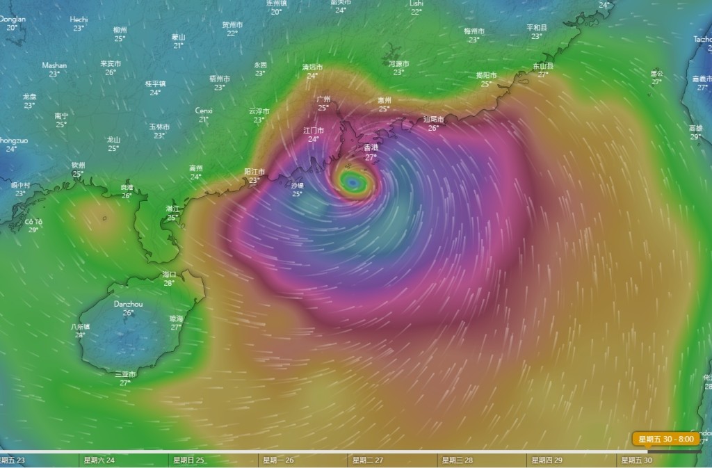 美國全球預報系統（GFS）模式預測，一個熱帶系統會下星期五前後趨向廣東沿岸。Windy截圖