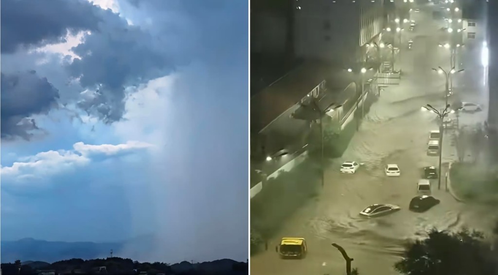 受巴威影響，湖北暴雨成水柱狀，而河北寬城強降雨，多輛車被沖走。微博