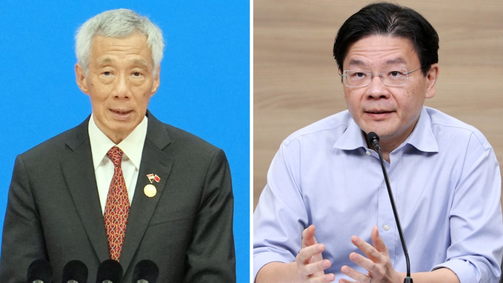 新加坡总理李显龙（左）5月15日卸下职务，交棒予副总理黄循财（右）。