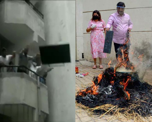 印度有民众将中国产的电视机丢下楼，亦有人将中国制的产品焚毁。(Twitter图片)