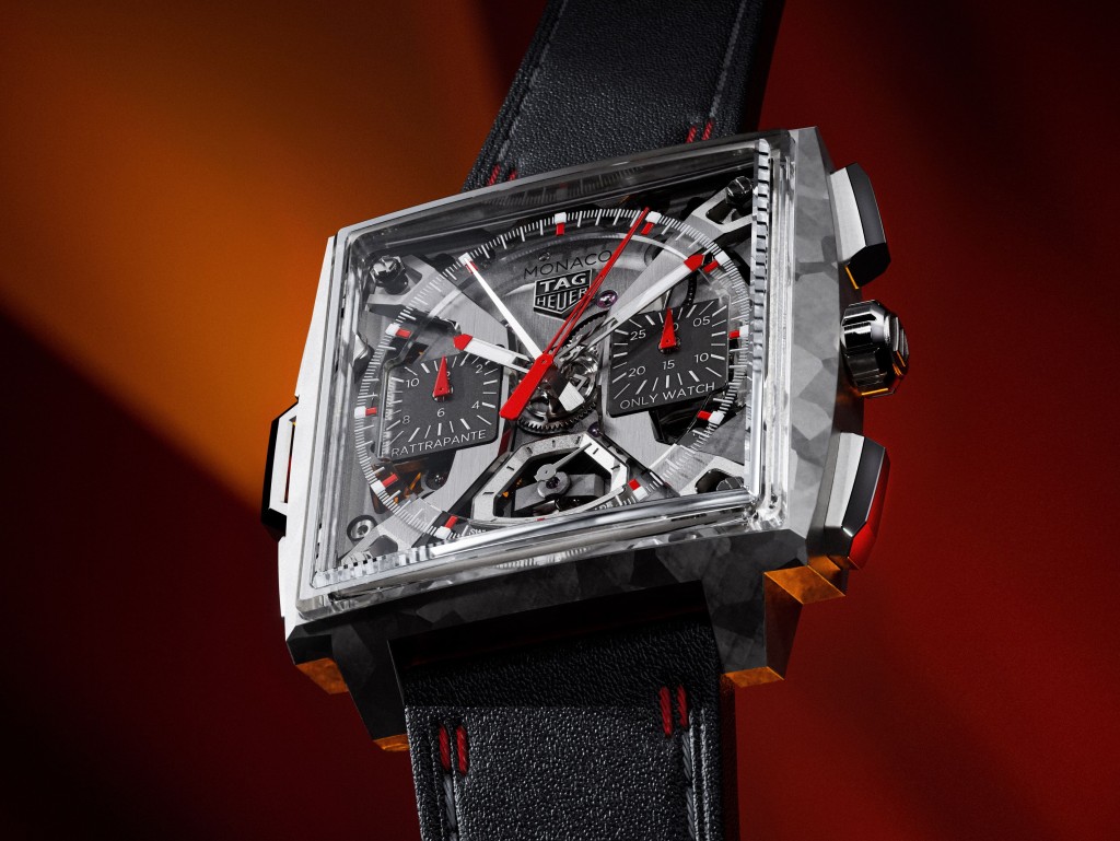 Tag Heuer Monaco Split-Seconds For Only Watch，表壳：41mm钛金属。机芯：Calibre TH81-00自动。估价：150,000至300,000瑞郎。