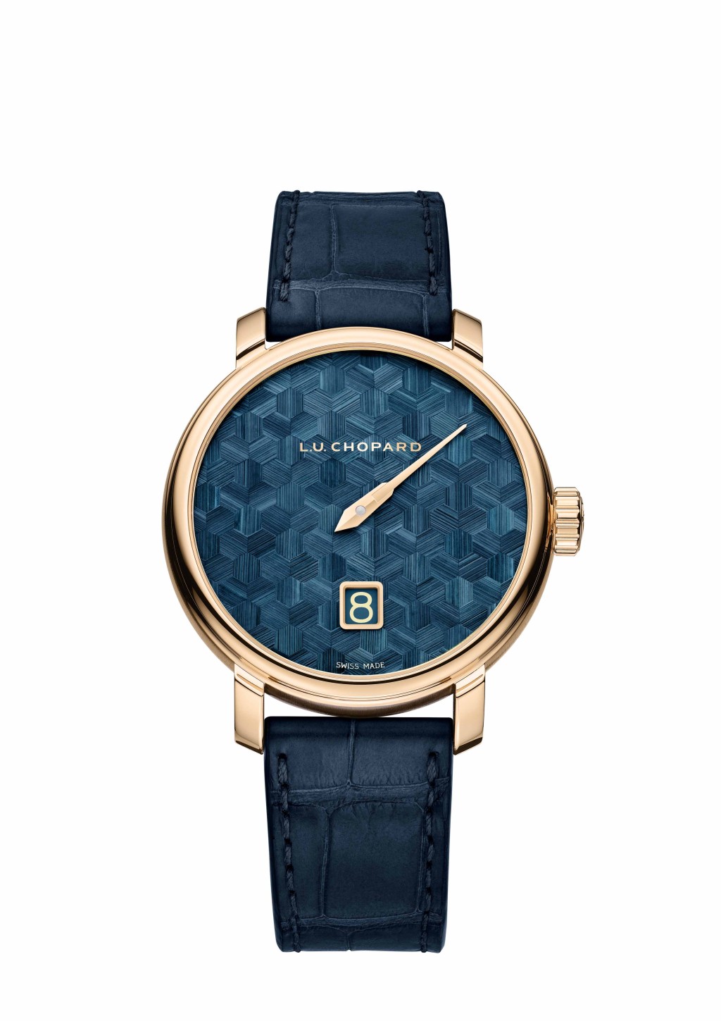Chopard L.U.C Quattro Spirit 25 - Straw Marquetry Edition，玫瑰金錶殼，搭配藍色麥稈鑲嵌的錶盤。
