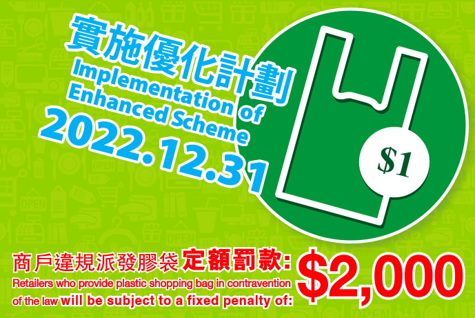 優化塑膠購物袋收費計劃2022年12月31日起出台,塑膠購物袋收費提升至$1。(來源:環境保護署) 優化塑膠購物袋收費計劃2022年12月31日起出台,塑膠購物袋收費提升至$1。(來源:環境保護署)