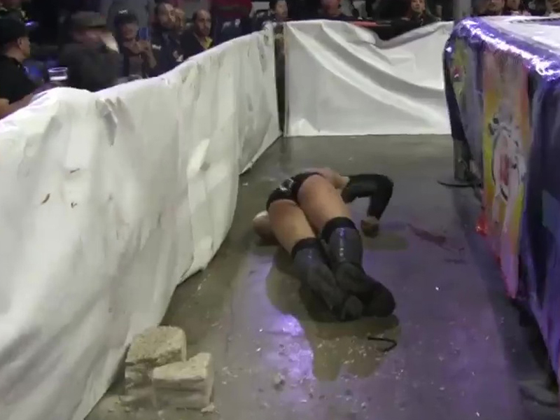 摔角手「禿鷲」被磚頭撃中頭部瞬即倒地不起。(網圖)