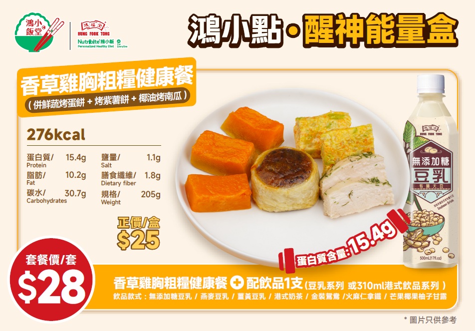 鴻福堂$28低卡健康餐 雞胸/番薯/藕餅配豆乳/奶茶/火麻仁拿鐵